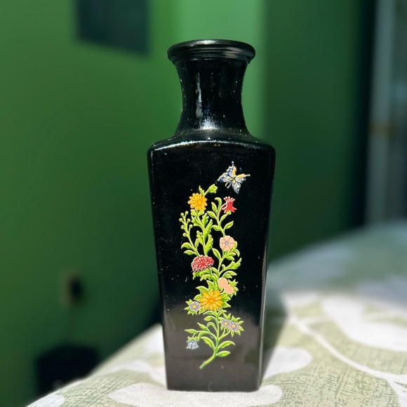 Vintage Oriental Florals & Butterflies Black Shiny Indoor Planter Vase Art Decor - Picture 7 of 8
